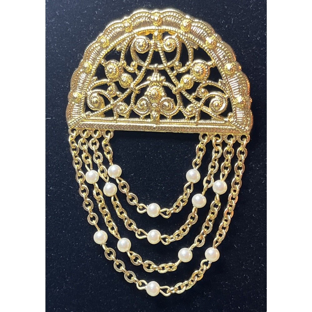 Vintage Monet Half Circle-swag Gold Plated Faux Pearls Drop Chain Brooch/pin 2”